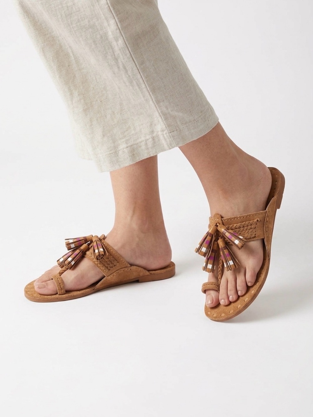 Figue Acaramouche Beaded Tassel Toe-Ring Sandals in Tan Suede - 8